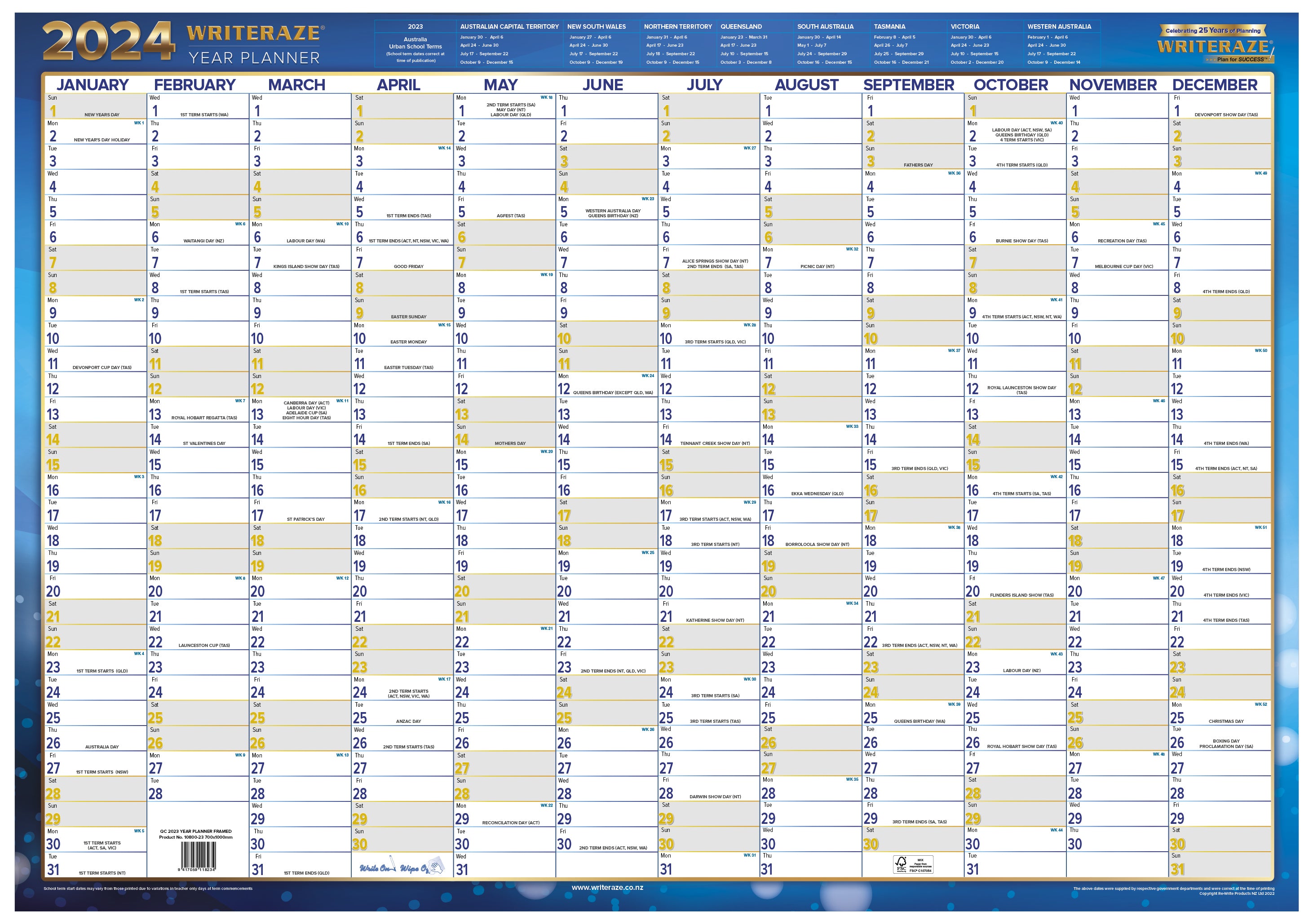 Writeraze Wall Planners & Calendars 2024 - QC2 exec. year planner (500 x 700mm)