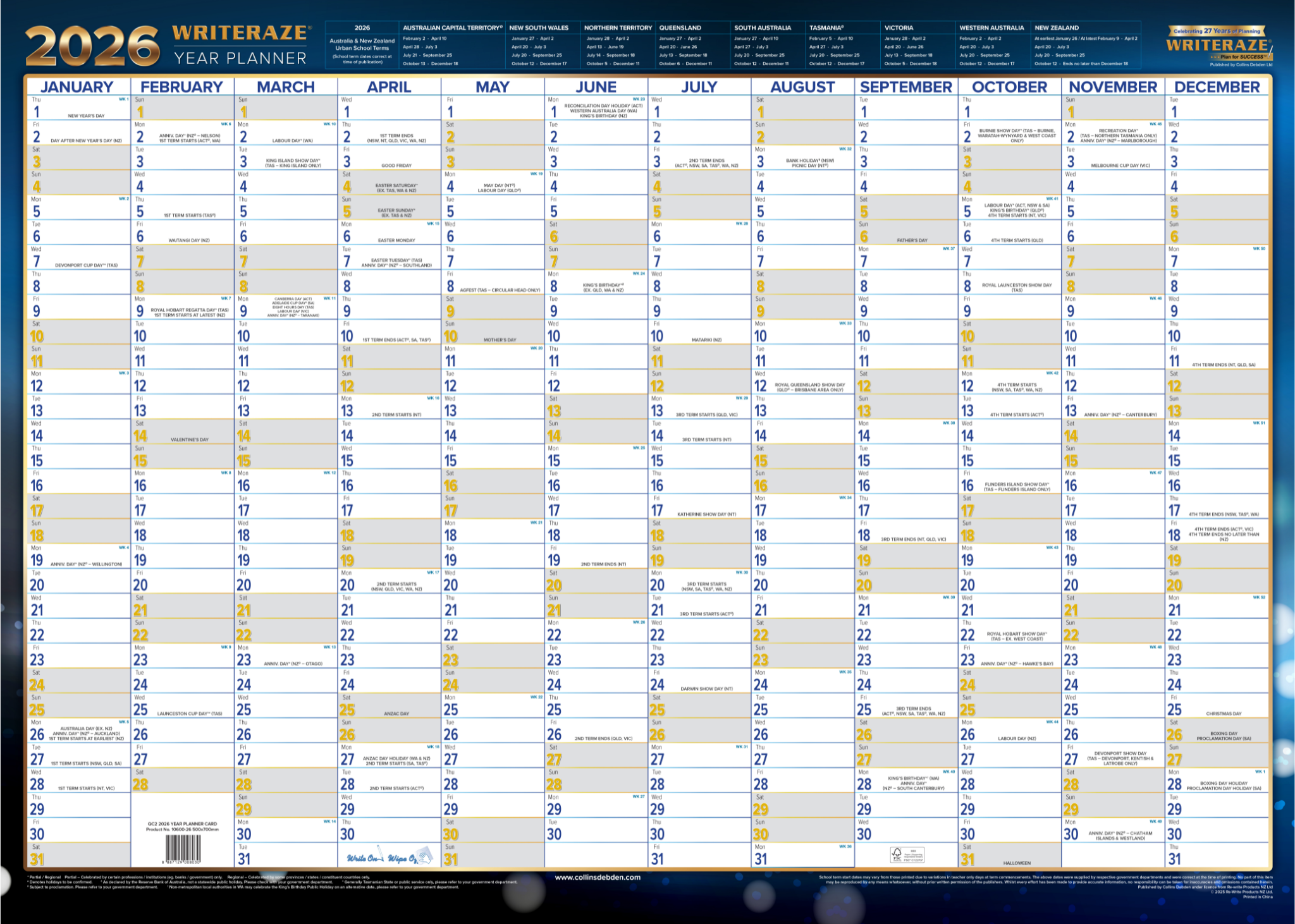 Writeraze Calendar Year 2026 Diary/Planner, h500 x w700mm Laminated Wall Planner