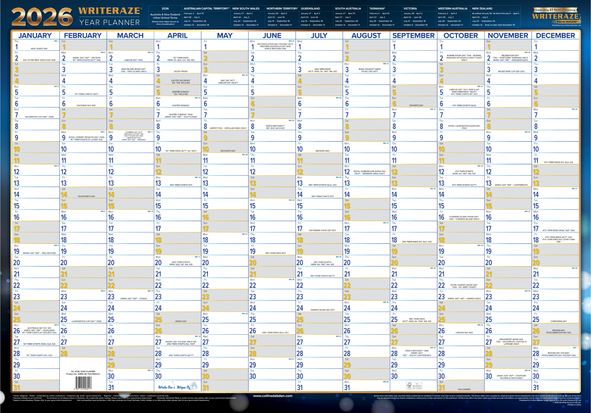 Writeraze Calendar Year 2026 Diary/Planner, h700 x w1000mm Laminated Wall Planner