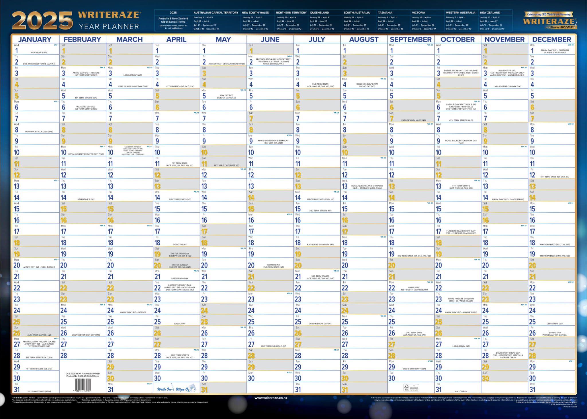 Writeraze - (500x700mm) Calendar Year 2025 Laminated Executive Year Planner - Framed