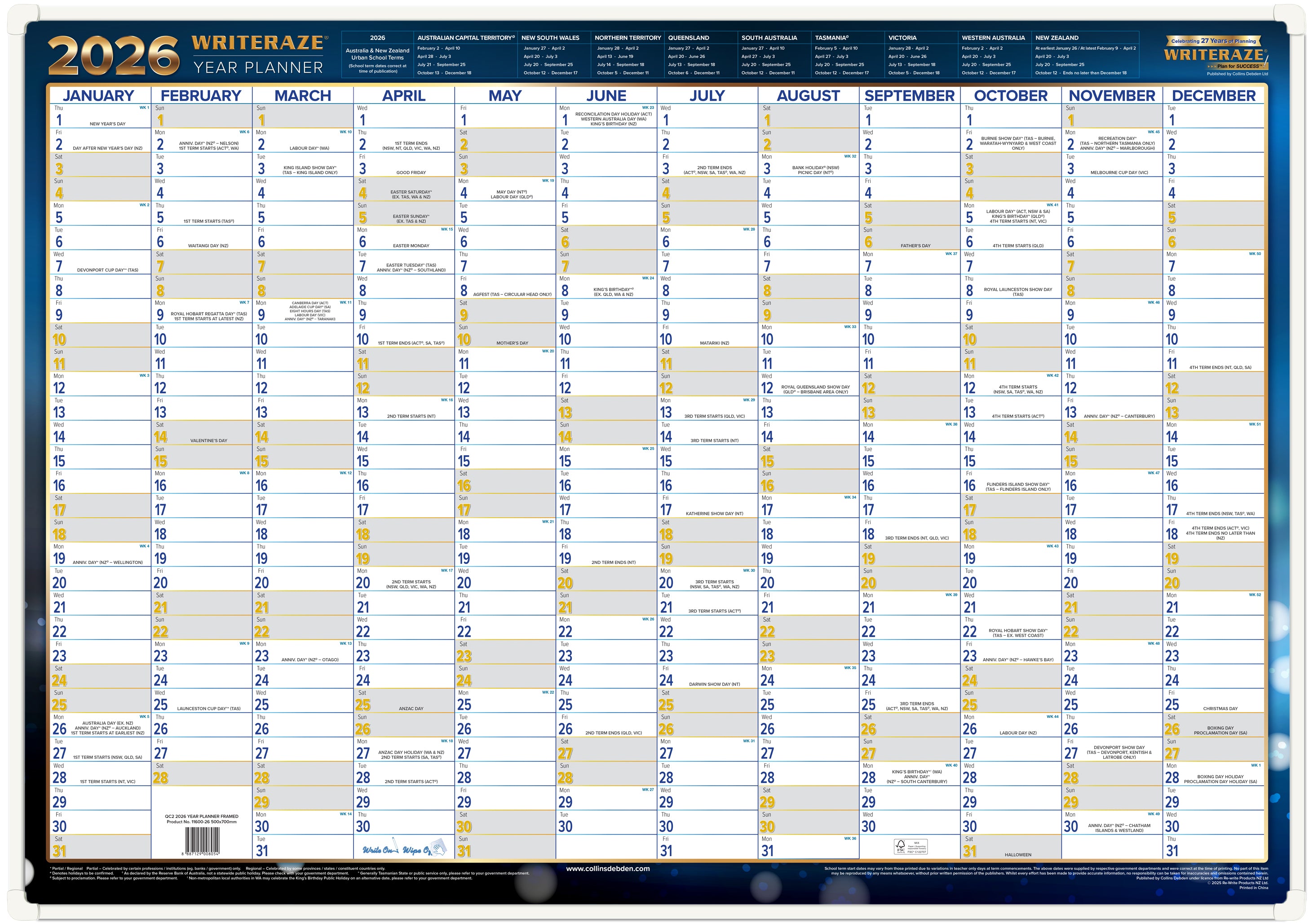Writeraze Calendar Year 2026 Diary/Planner, h500 x w700mm Laminated Wall Planner - Framed