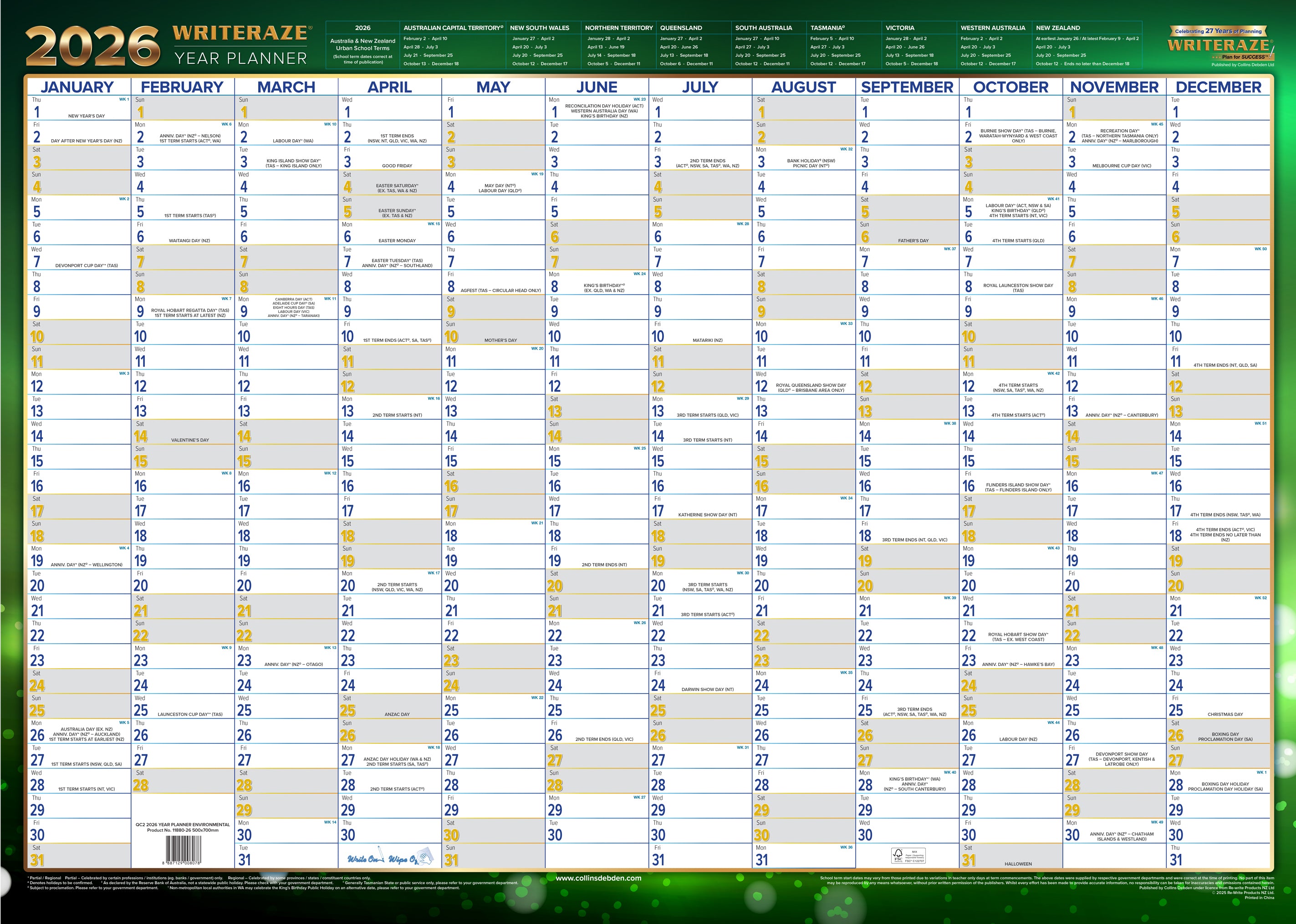 Writeraze Calendar Year 2026 Diary/Planner, h500 x w700mm Laminated Wall Planner - Unframed board with rounded corners