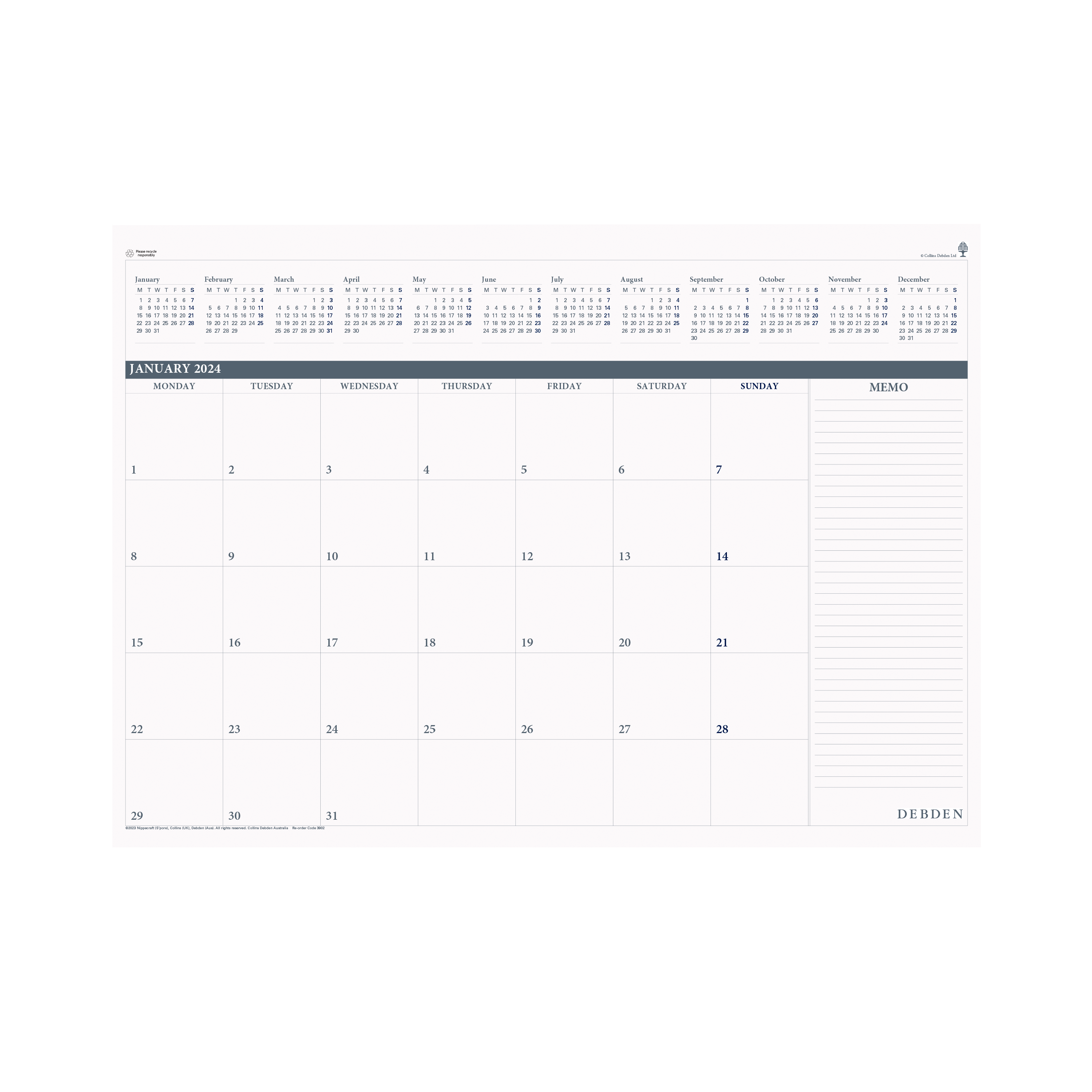 Desktop Planner Refill 2024 - Month to view (370 x 530mm)