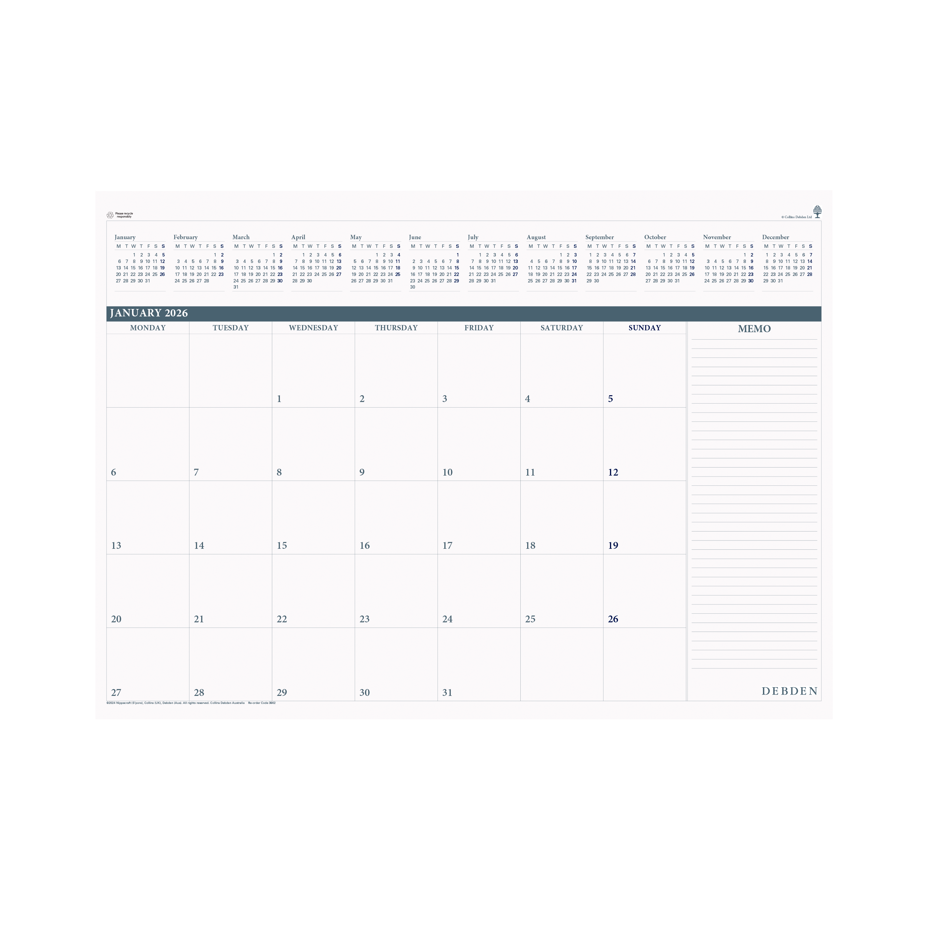 Desktop Planner Calendar Year 2026 Diary/Planner, Month to View, A2 Refill