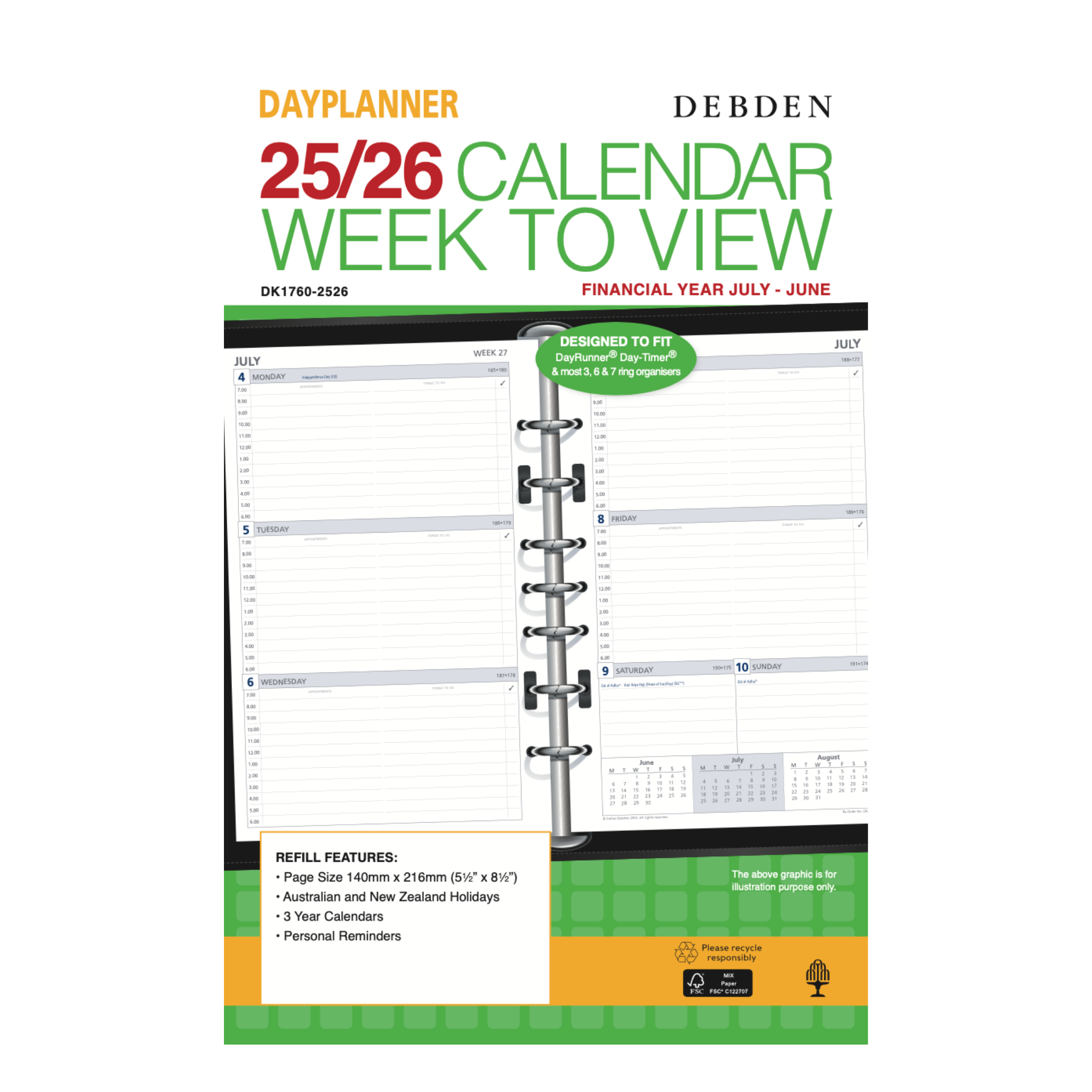 Collins - Day Planner 2025-2026 Financial Year Diary/Planner, Week to View, Desk (216x140mm) Refill