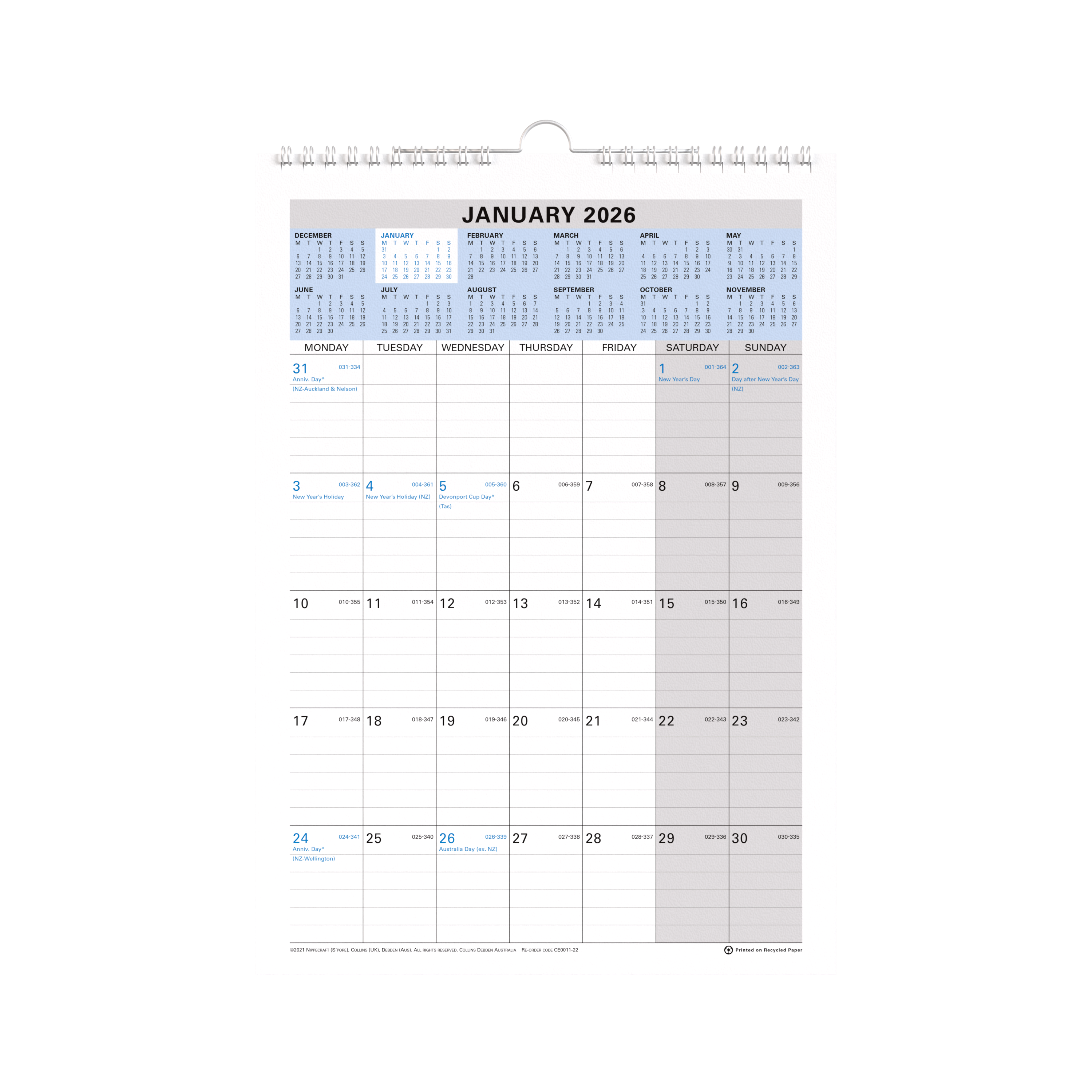 Wall Planner Calendar Year 2026 Diary/Planner, Month to View, A4 Wiro Calendar