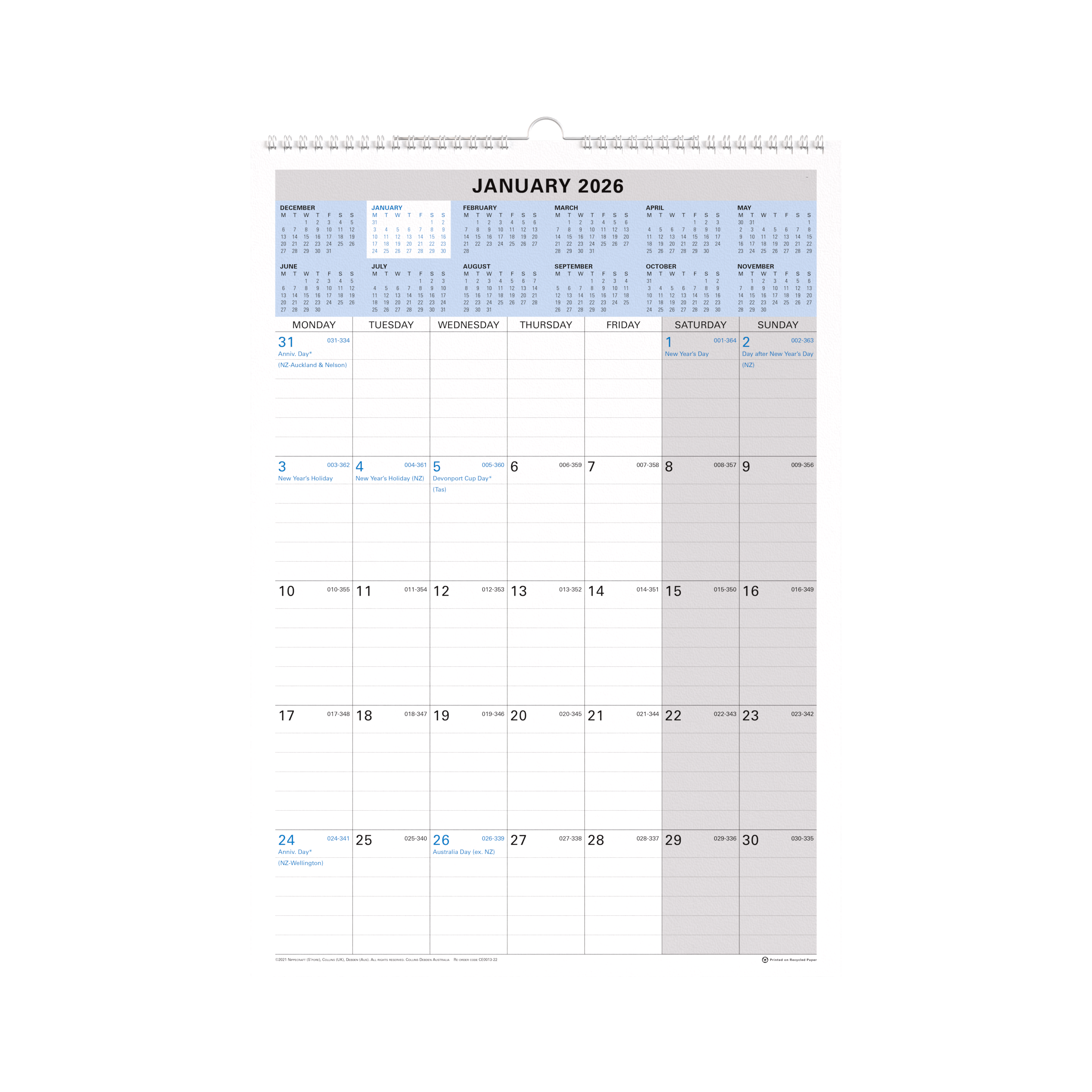 Wall Planner Calendar Year 2026 Diary/Planner, Month to View, h432 x w300mm Wiro Calendar