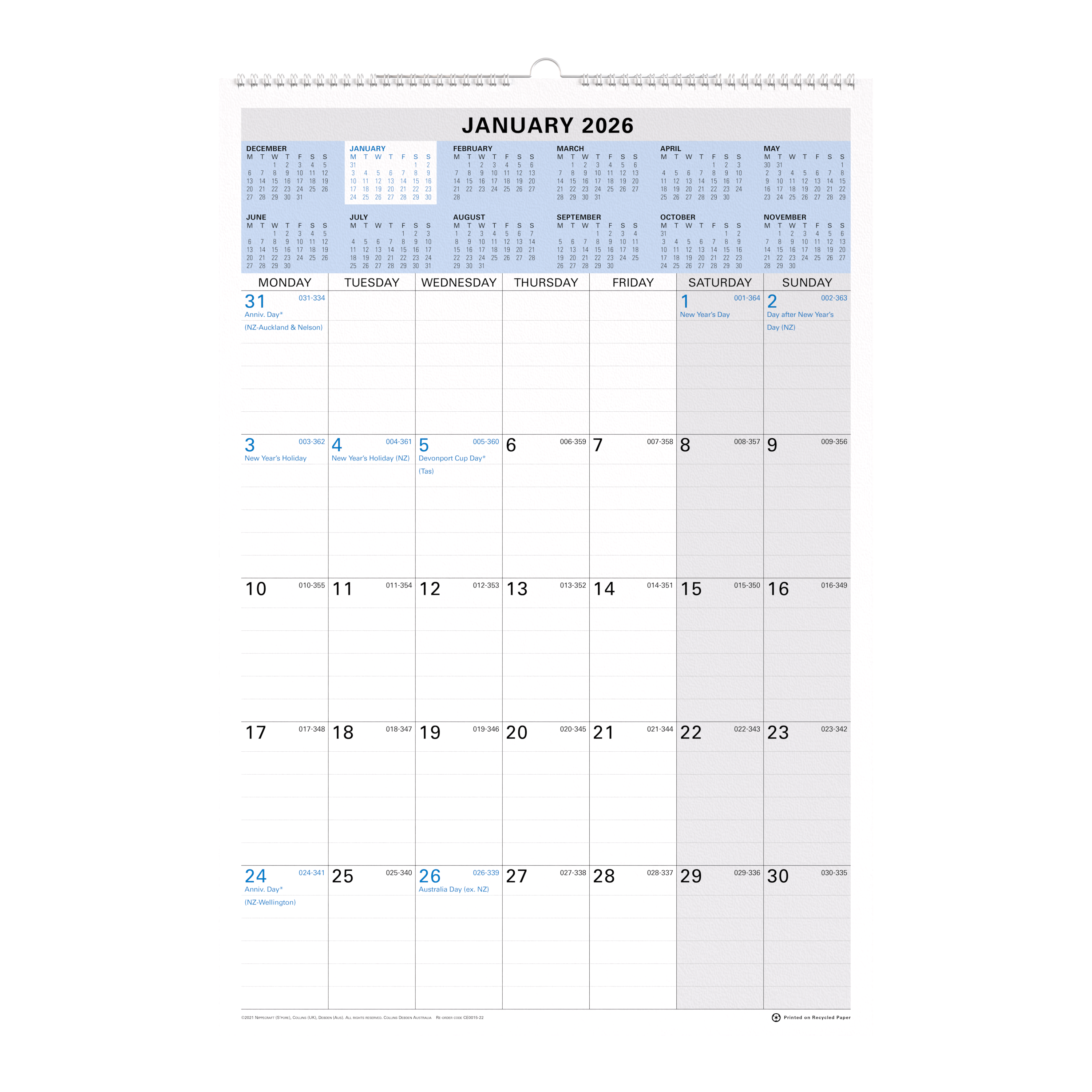Wall Planner Calendar Year 2026 Diary/Planner, Month to View, h577 x w394mm Wiro Calendar