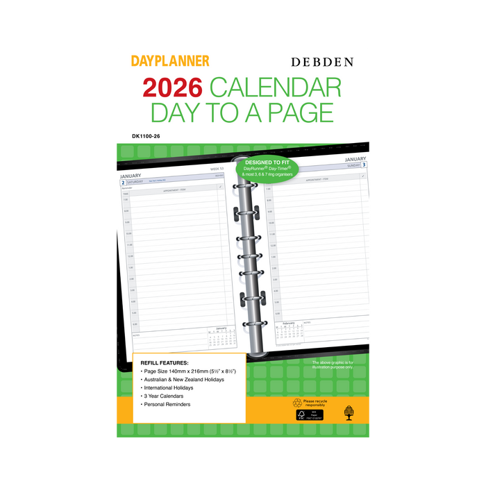 Day Planner Calendar Year 2026 Diary/Planner, Day to Page - with Appointments, Desk Refill