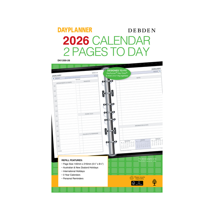 Day Planner Calendar Year 2026 Diary/Planner, 2 Pages to a Day, Desk Refill