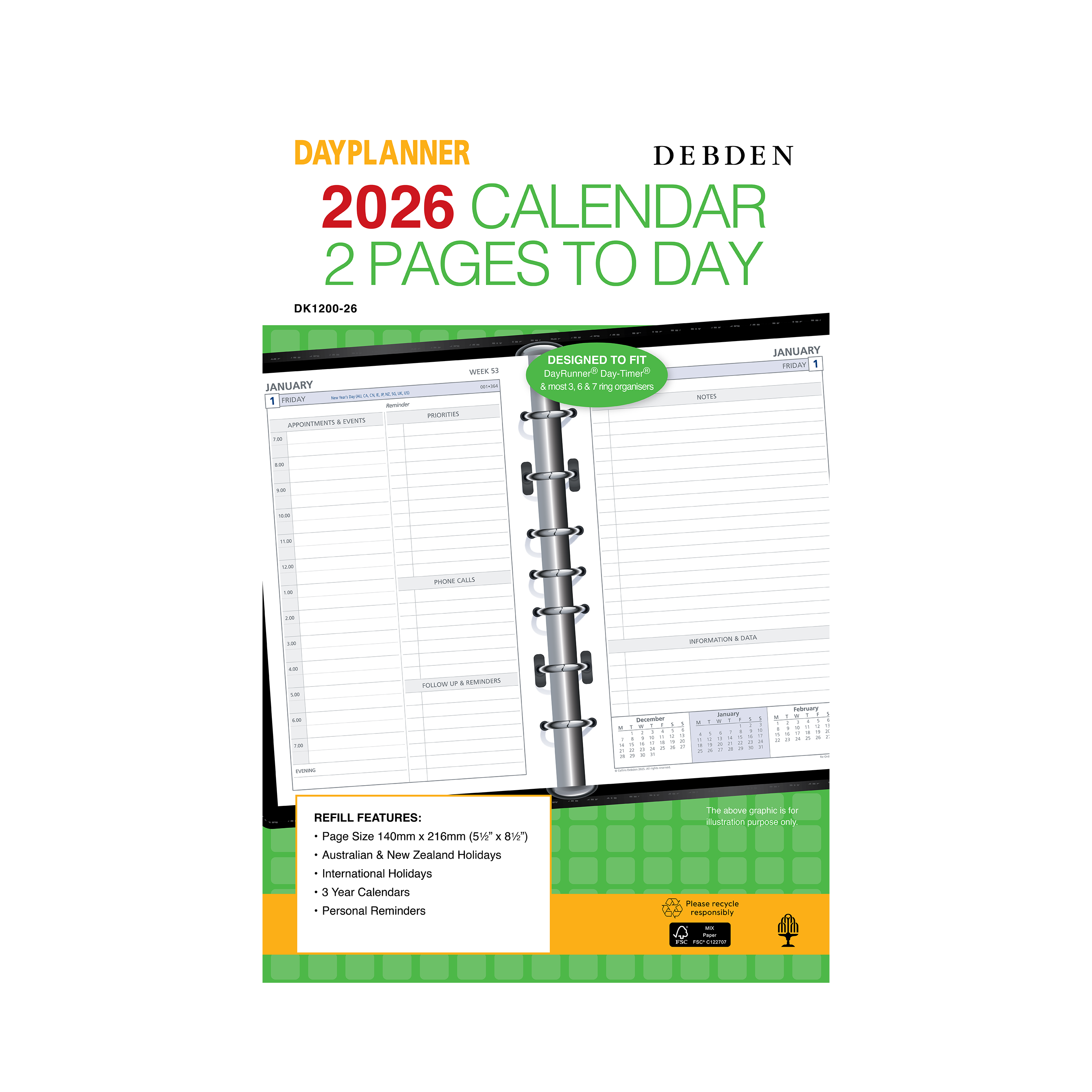 Day Planner Calendar Year 2026 Diary/Planner, 2 Pages to a Day, Desk Refill