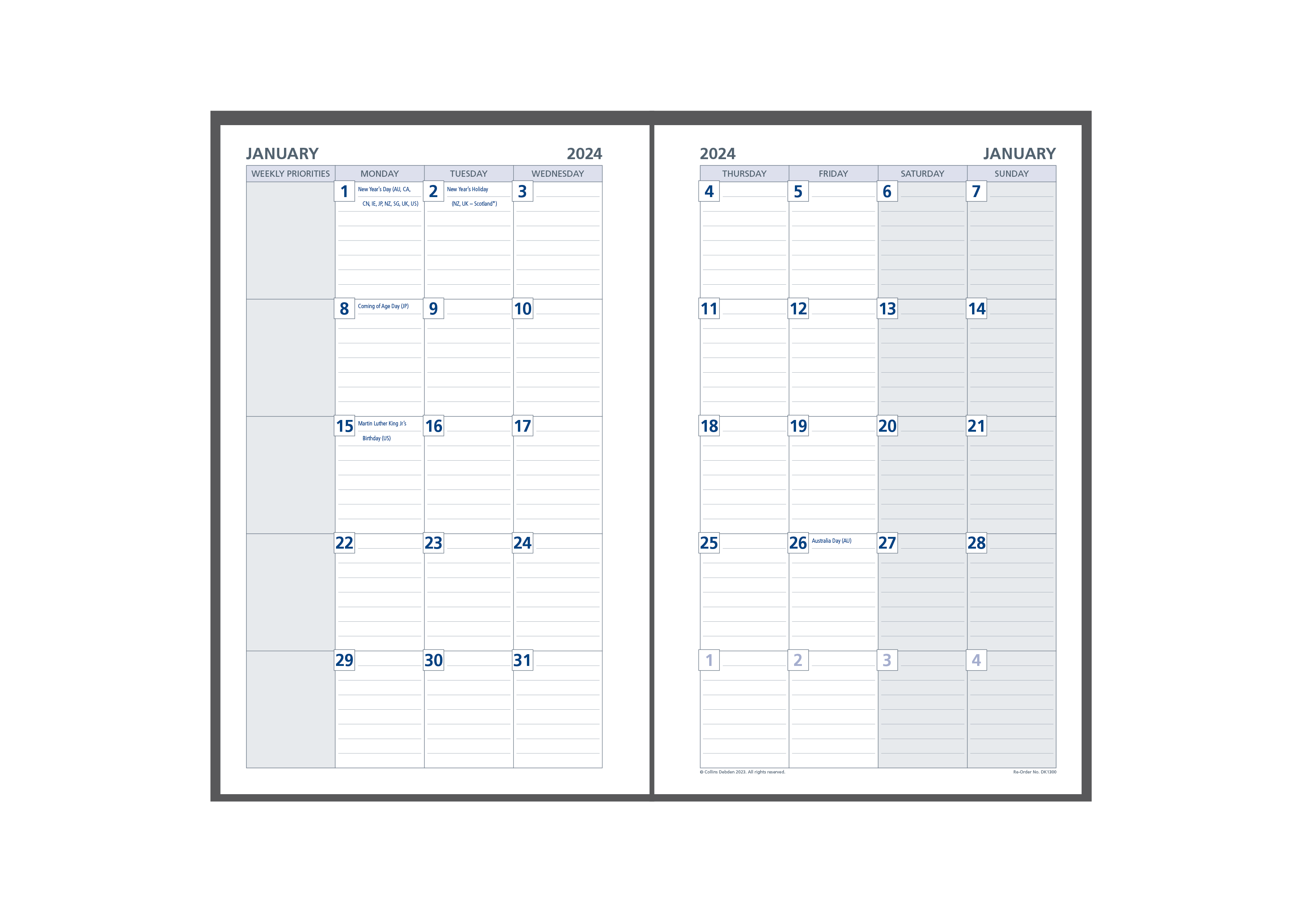 Day Planner Refill 2024 - Monthly Dated (one year), Size Desk Desk (216 x 140mm)