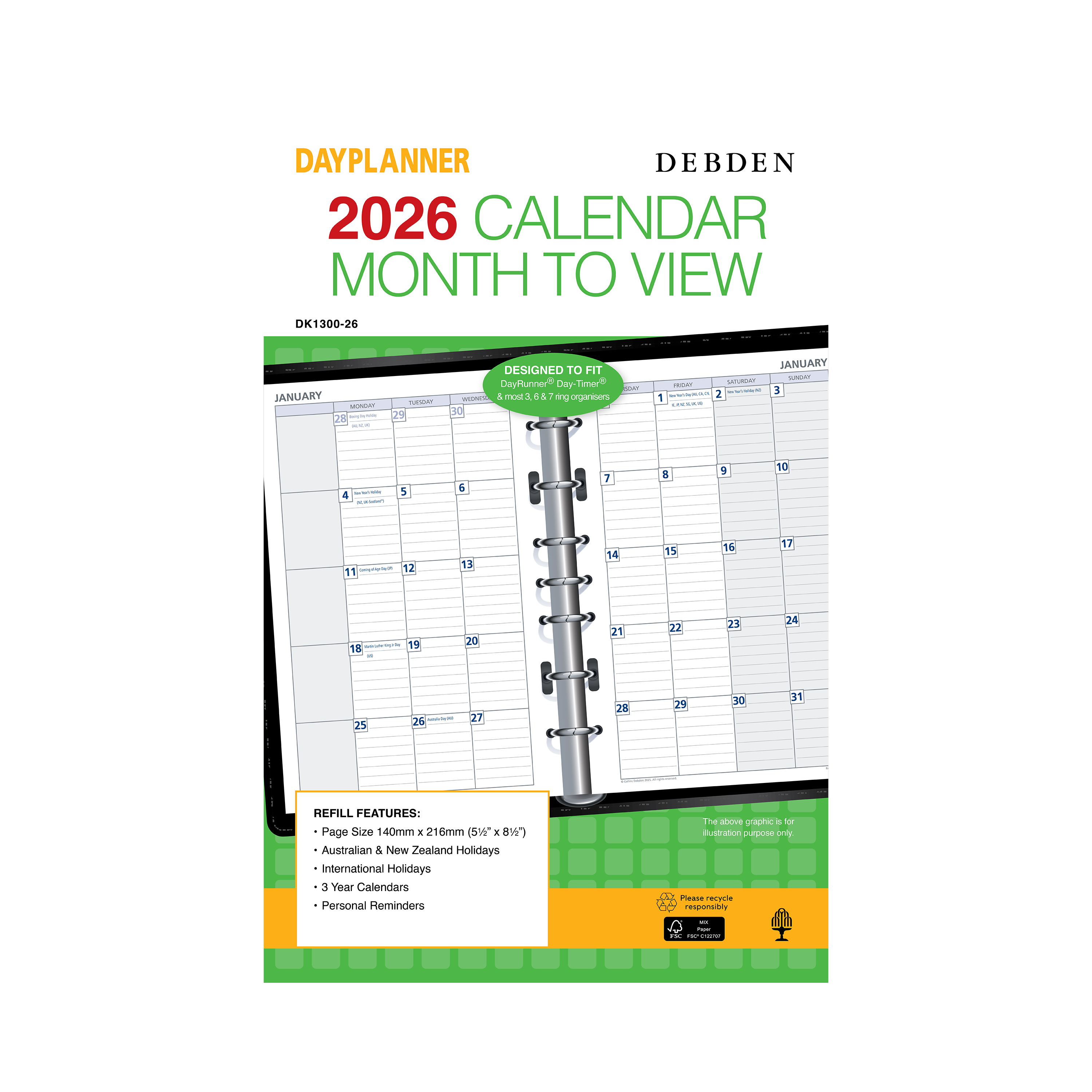 Day Planner Calendar Year 2026 Diary/Planner, Month to View, Desk Refill