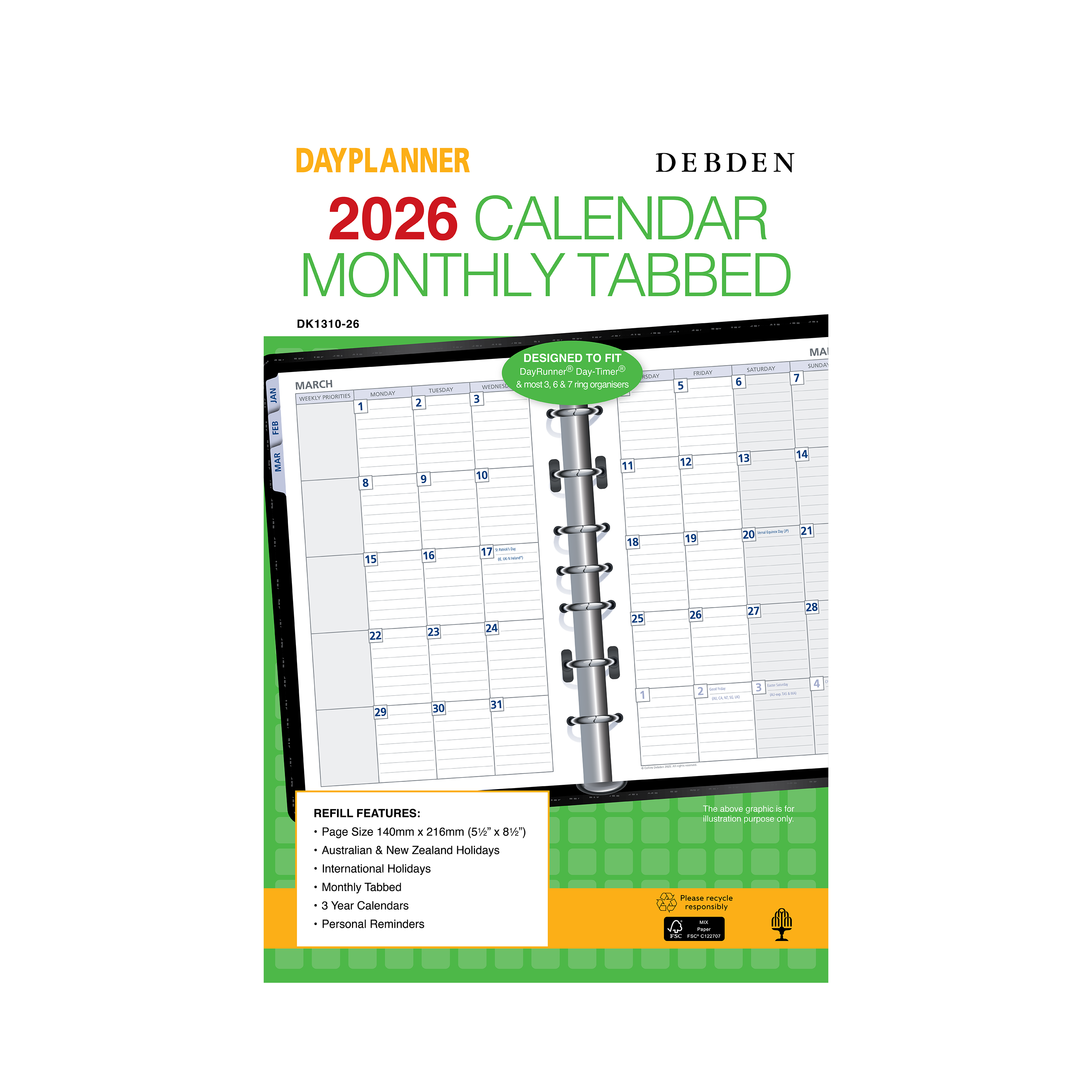 Day Planner Calendar Year 2026 Diary/Planner, Month to View with Tabs, Desk Refill