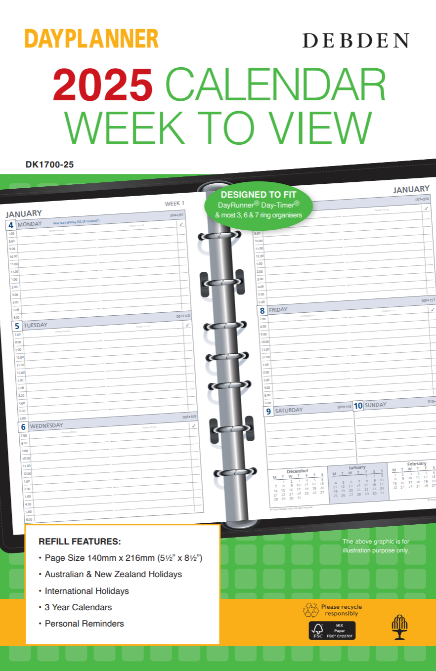 Day Planner - Desk - Week-to-View - 2025 Calendar Year Diary/Planner Refill - With Appointments