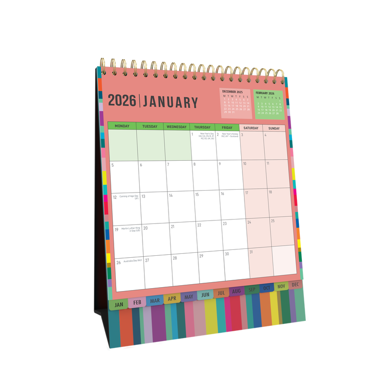 Edge Rainbow Desktop Calendar Year 2026 Diary/Planner, Month to View, Wiro Bound