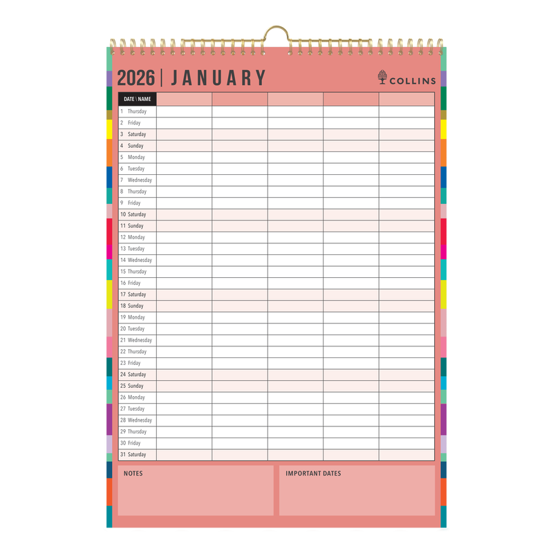 Edge Rainbow Wall Calendar Year 2026 Diary/Planner, Month to View, A3 Wiro Hanger