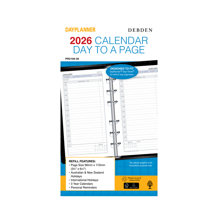 Day Planner Calendar Year 2026 Diary/Planner, Day to Page - with Appointments, Personal Refill