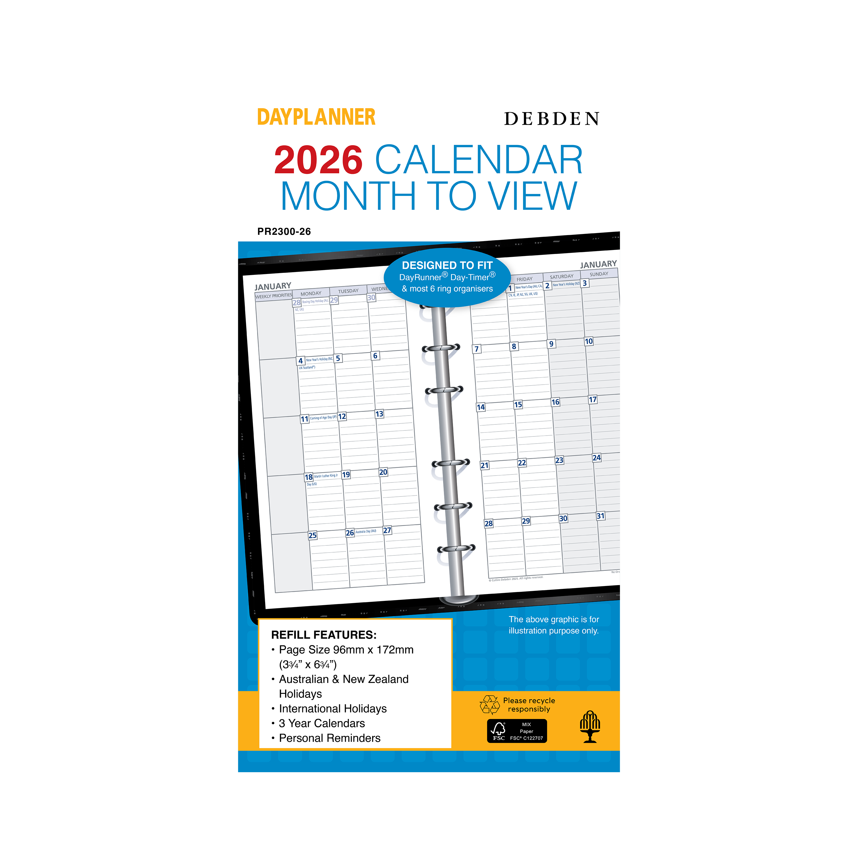 Day Planner Calendar Year 2026 Diary/Planner, Month to View, Personal Refill