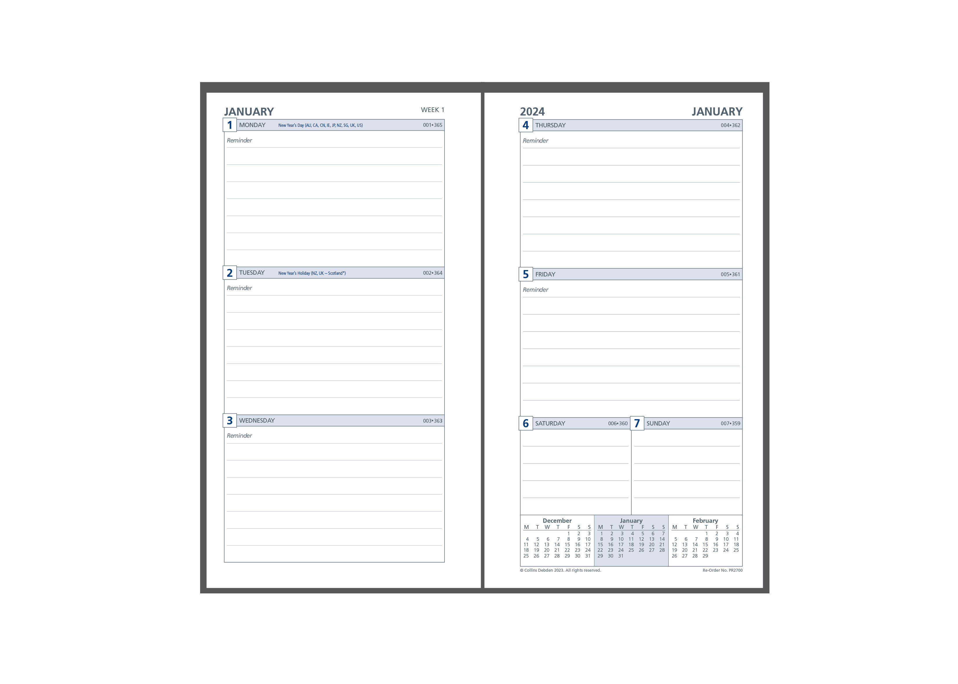 Day Planner Refill 2024 - Weekly Dated - Ruled (one year), Size Personal Personal (172 x 96mm)