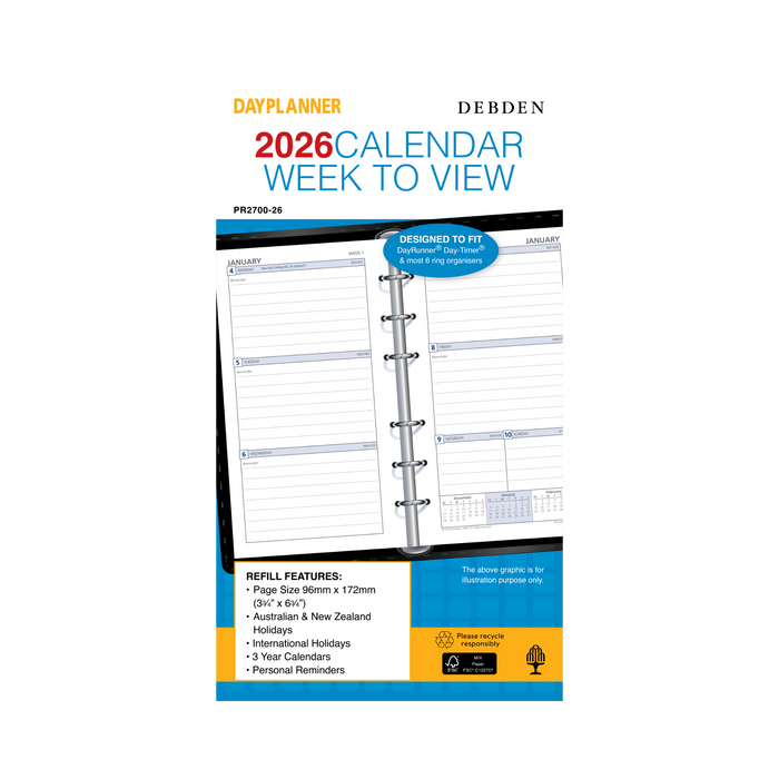 Day Planner Calendar Year 2026 Diary/Planner, Week to View, Personal Refill