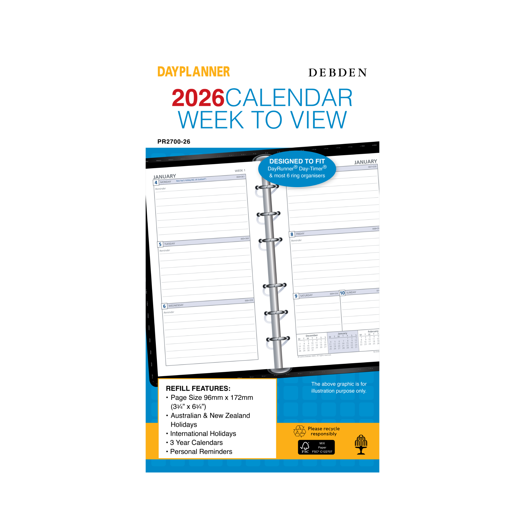 Day Planner Calendar Year 2026 Diary/Planner, Week to View - with Appointments, Personal Refill