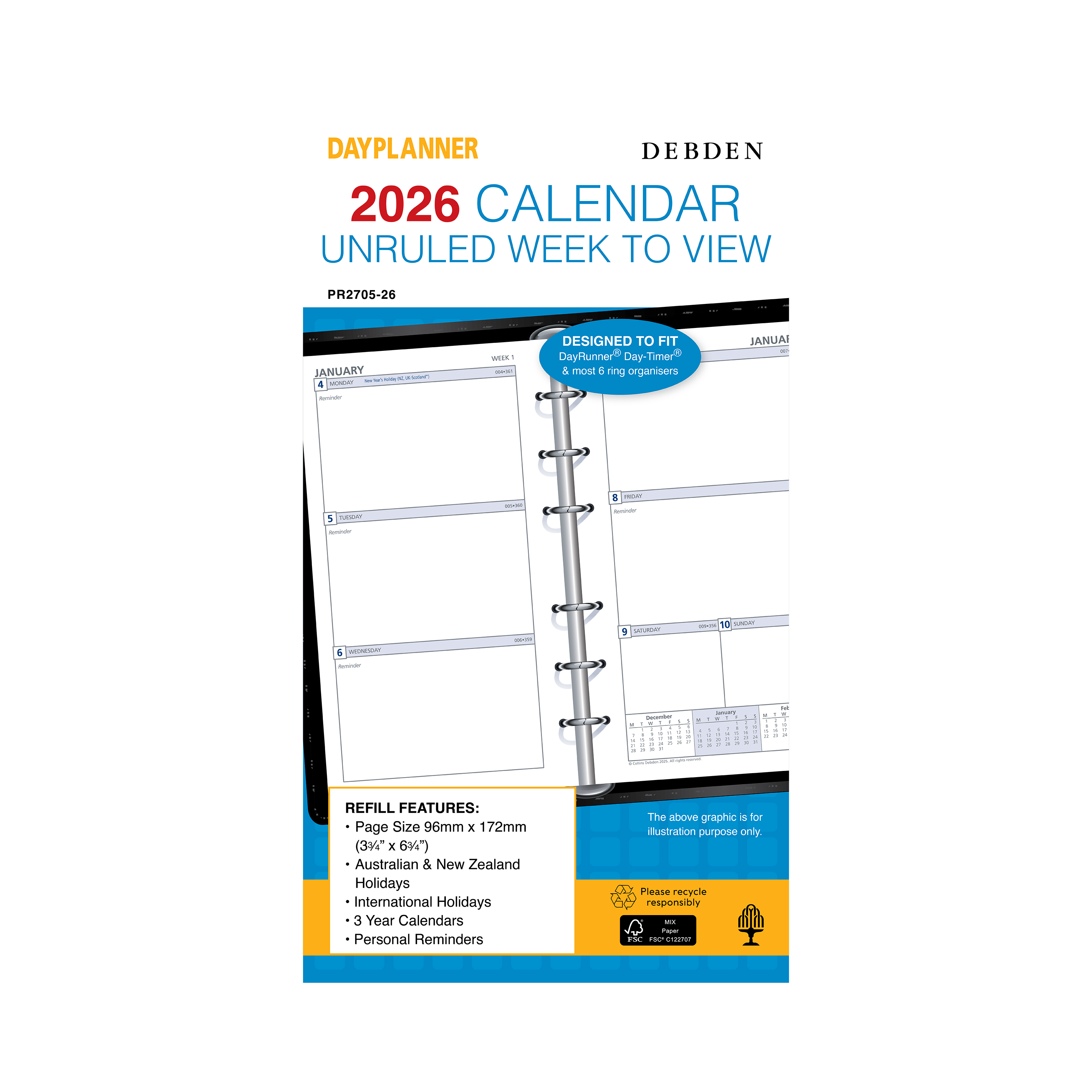 Day Planner Calendar Year 2026 Diary/Planner, Week to View, Personal Refill