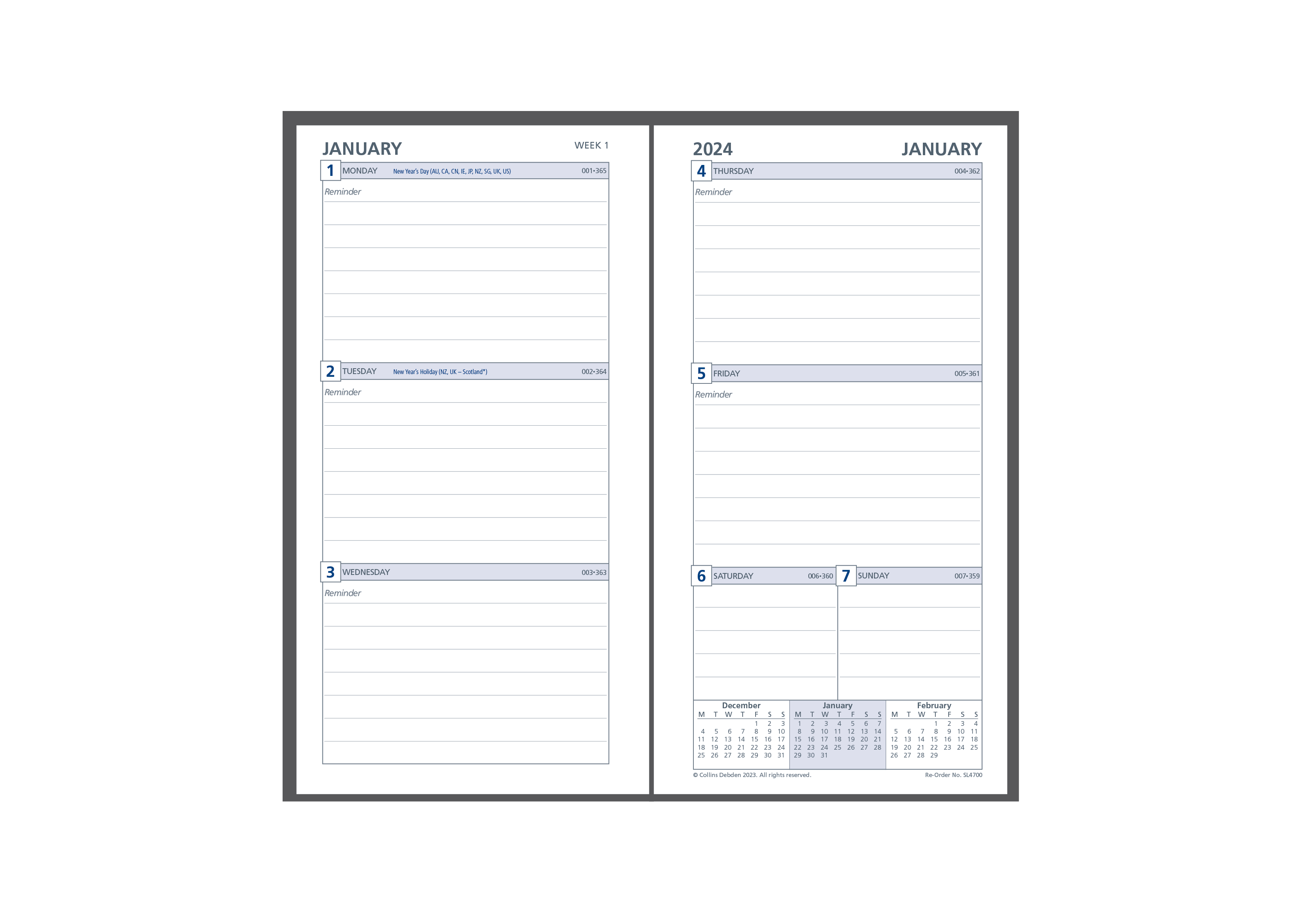 Day Planner Refill 2024 - Weekly Dated (one year), Size Slimline Slimline (162 x 82mm)