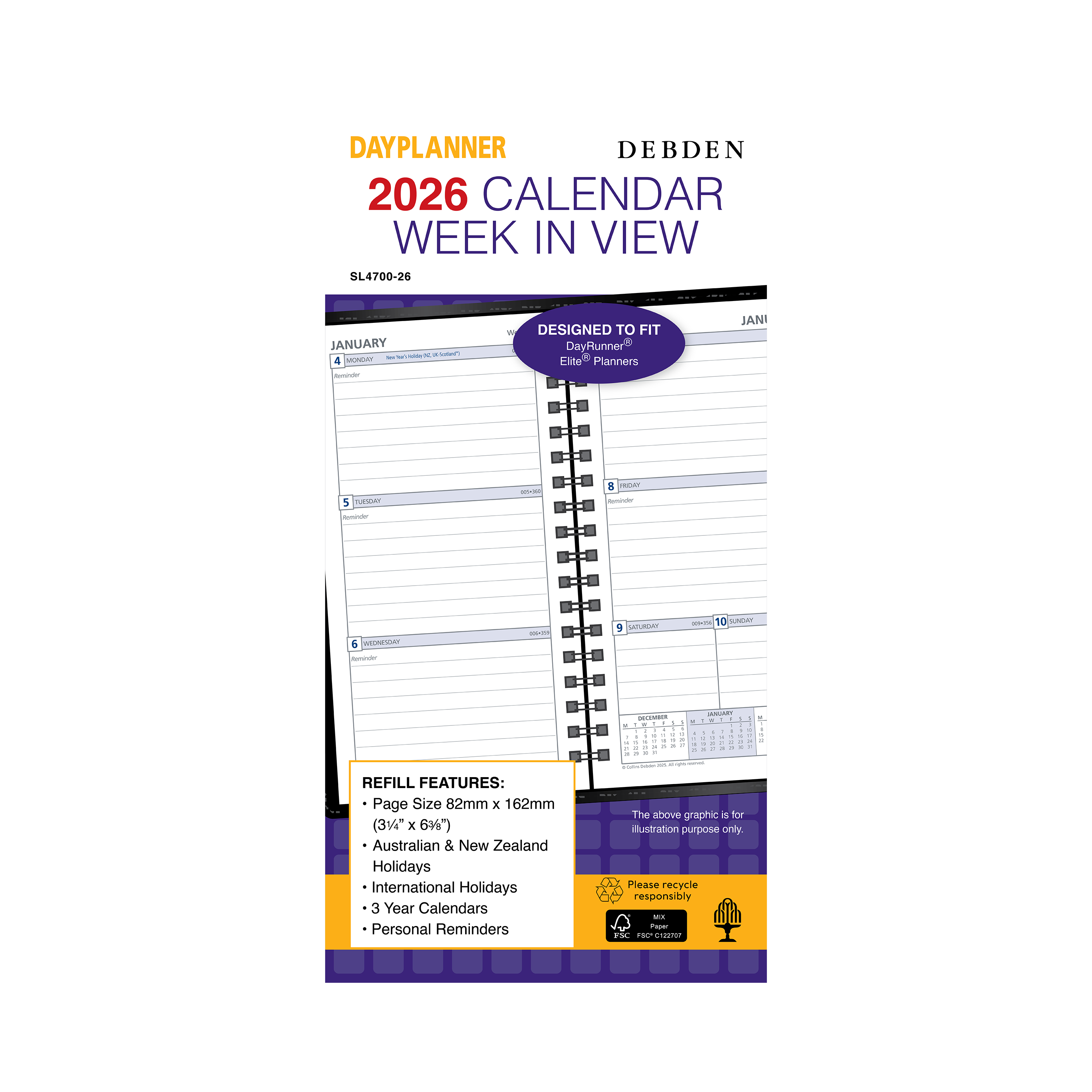 Day Planner Calendar Year 2026 Diary/Planner, Week to View, Slimline Refill