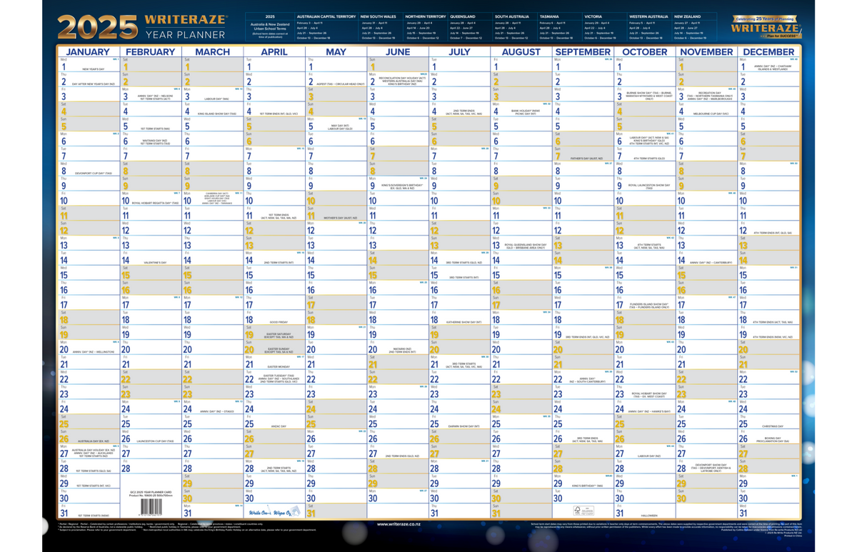 Writeraze (500x700) Calendar Year 2025 Laminated Card Planner