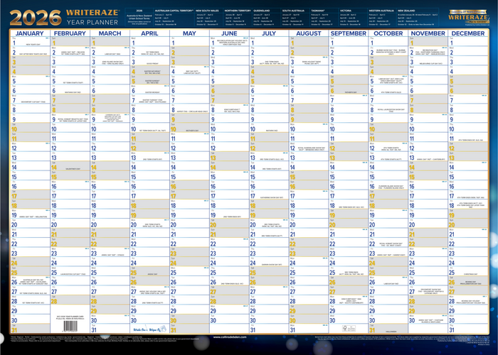 Writeraze Calendar Year 2026 Diary/Planner, h500 x w700mm Laminated Wall Planner