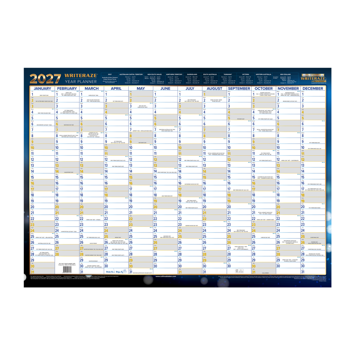 2027 Calendar Year Wall Planner - 12 Month (h500 x w700mm) - Laminated Wall Planner - Collins Writeraze Range