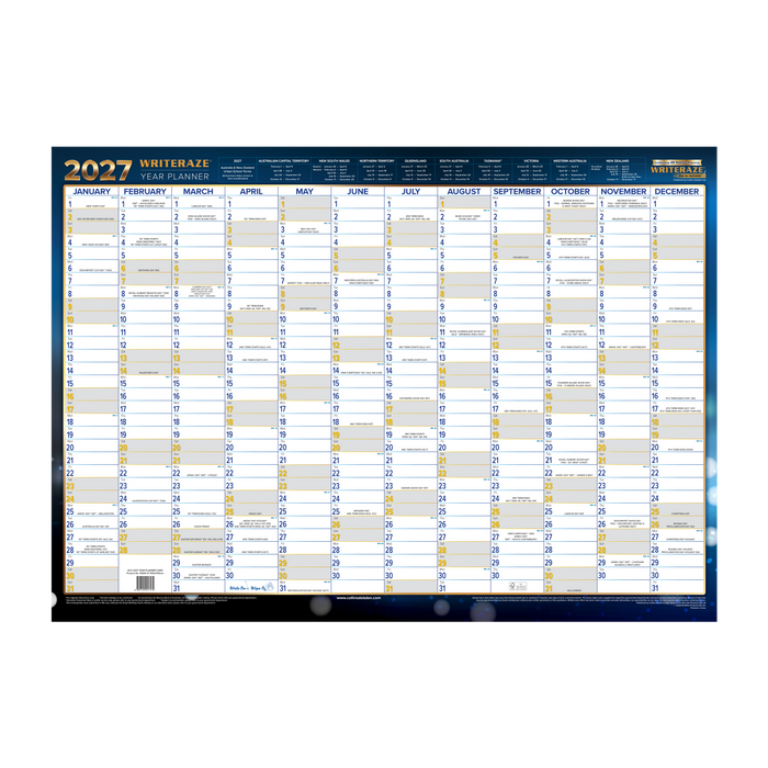 2027 Calendar Year Wall Planner - 12 Month (h500 x w700mm) - Laminated Wall Planner - Collins Writeraze Range
