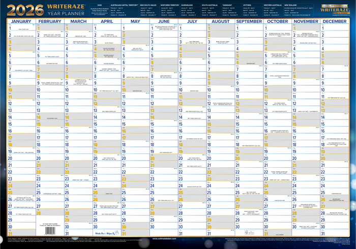 Writeraze Calendar Year 2026 Diary/Planner, h700 x w1000mm Laminated Wall Planner