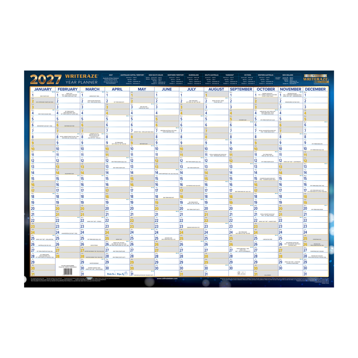 2027 Calendar Year Wall Planner - 12 Month (h700 x w1000mm) - Laminated Wall Planner - Collins Writeraze Range