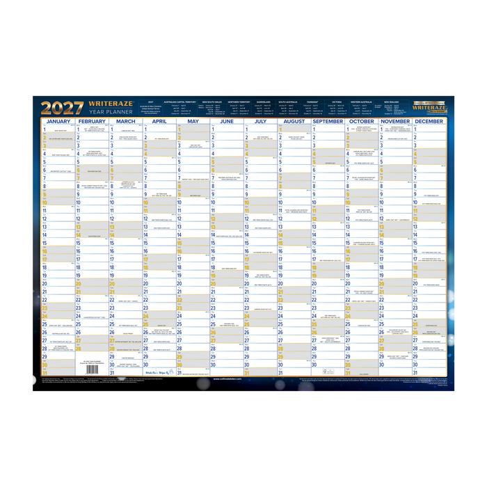 2027 Calendar Year Wall Planner - 12 Month (h700 x w1000mm) - Laminated Wall Planner - Collins Writeraze Range