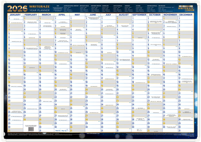 Writeraze Calendar Year 2026 Diary/Planner, h500 x w700mm Laminated Wall Planner - Framed