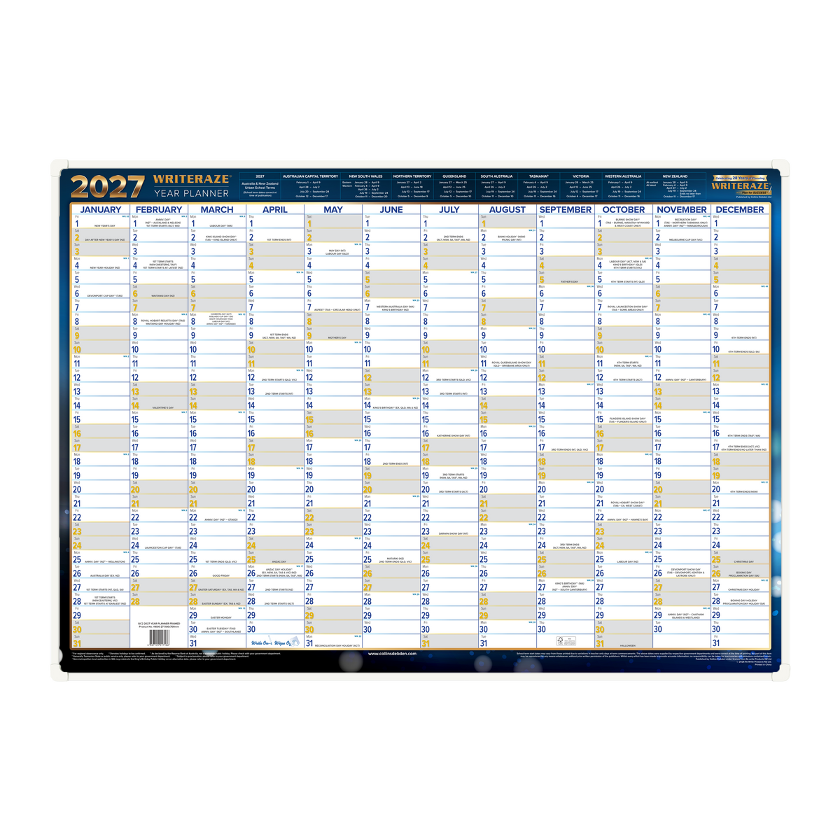 2027 Calendar Year Wall Planner - 12 Month (h500 x w700mm) - Framed Laminated Wall Planner - Collins Writeraze Range
