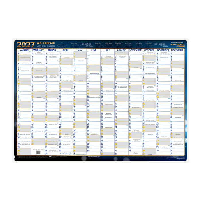 2027 Calendar Year Wall Planner - 12 Month (h500 x w700mm) - Framed Laminated Wall Planner - Collins Writeraze Range