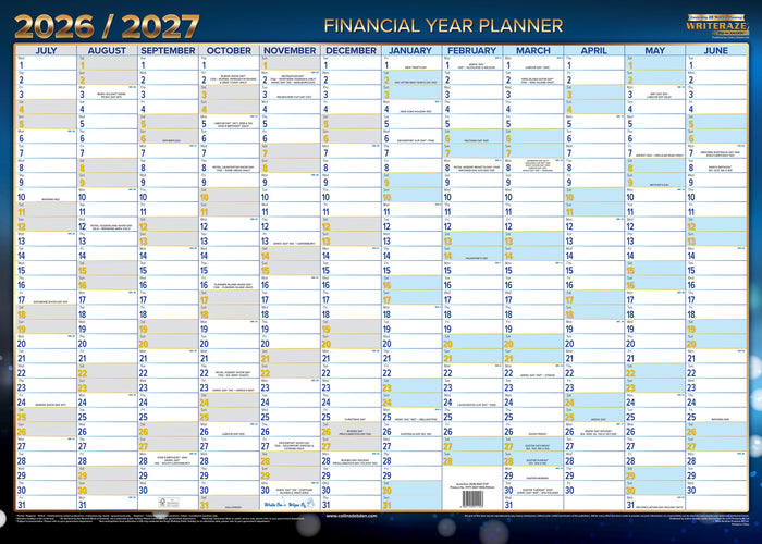 2026-2027 Financial Year Writeraze Wall Planner - 12 Month 500x700mm Wall Planner - Collins Writeraze Range