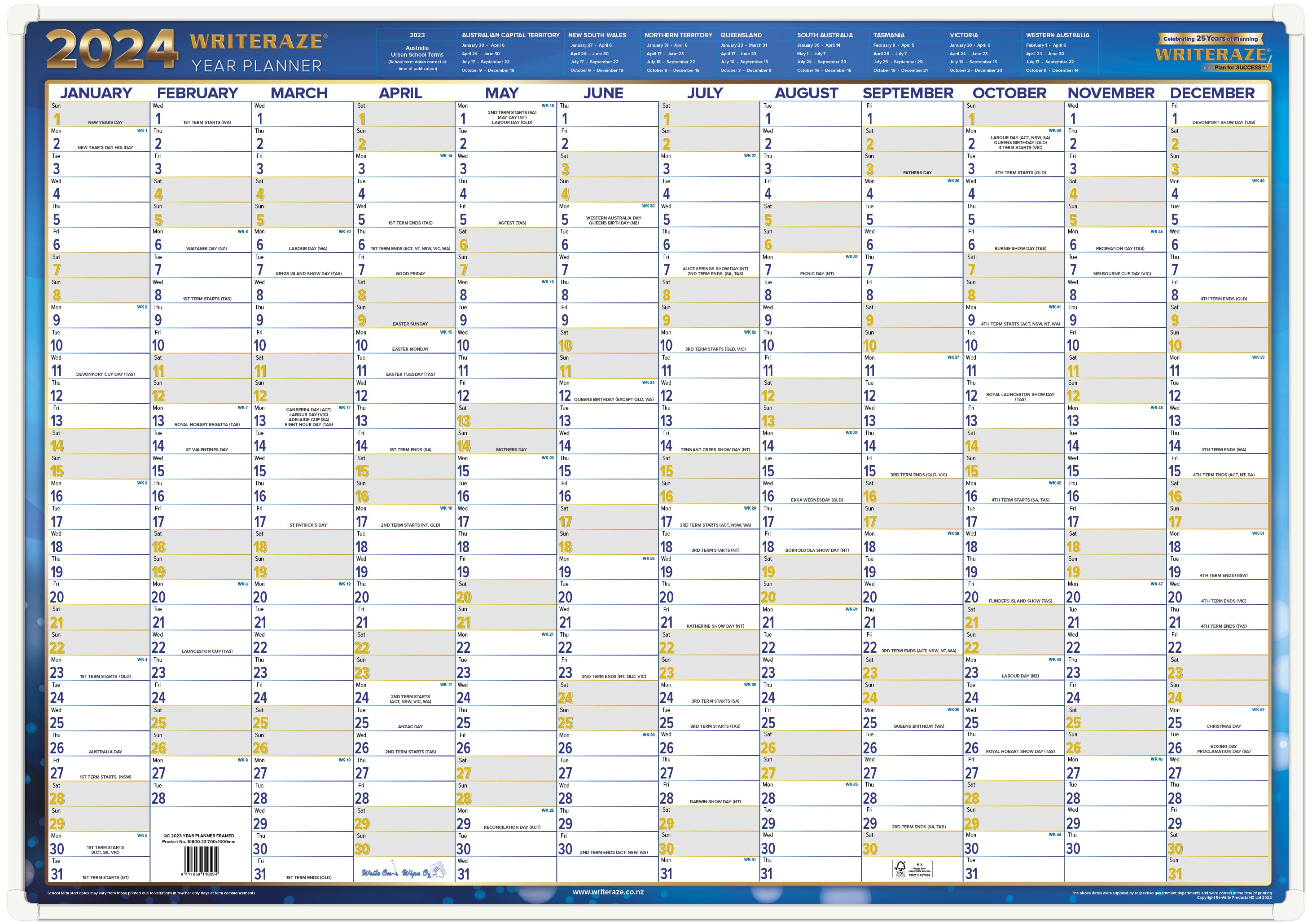 Writeraze Wall Planners & Calendars 2024 - QC exec. year planner, framed (Sturdy Framing) (700 x 1000mm)