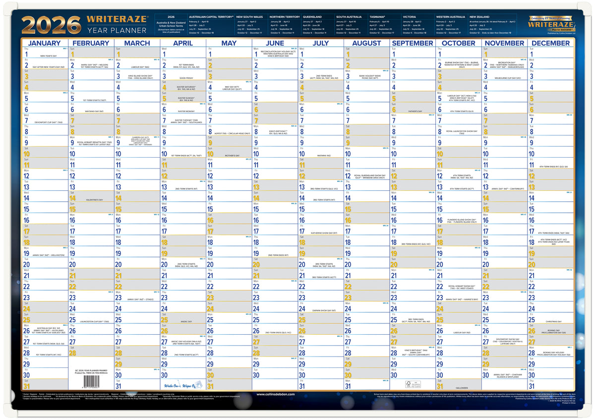 Writeraze Calendar Year 2026 Diary/Planner, h700 x w1000mm Laminated Wall Planner - Framed