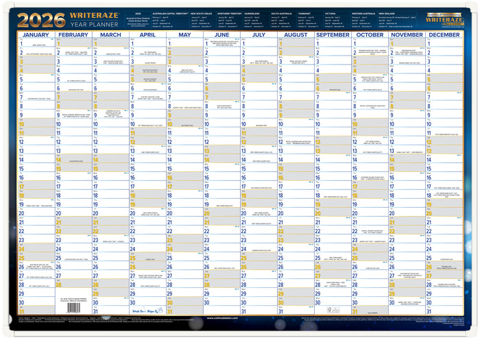 Writeraze Calendar Year 2026 Diary/Planner, h700 x w1000mm Laminated Wall Planner - Framed