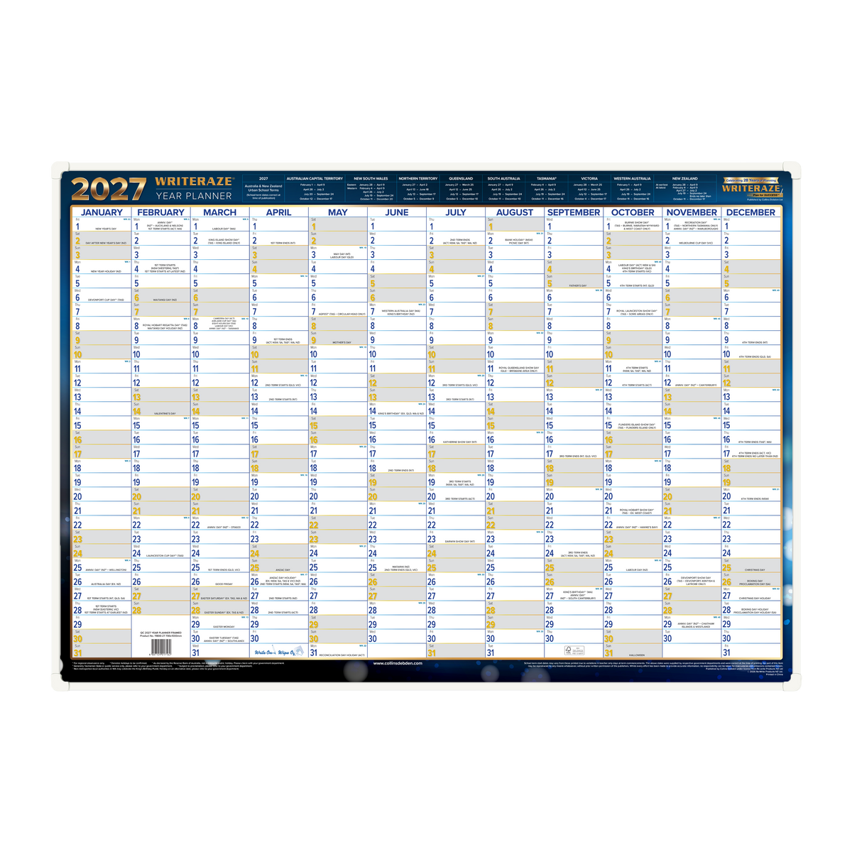 2027 Calendar Year Wall Planner - 12 Month (h700 x w1000mm) - Framed Laminated Wall Planner - Collins Writeraze Range