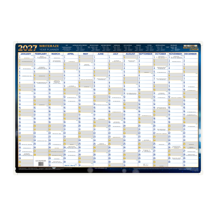2027 Calendar Year Wall Planner - 12 Month (h700 x w1000mm) - Framed Laminated Wall Planner - Collins Writeraze Range