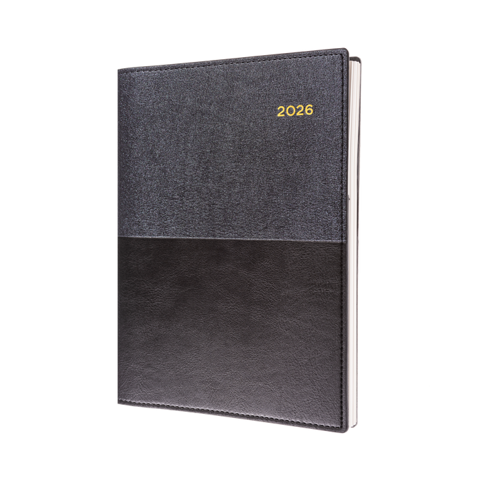 Vanessa Calendar Year 2026 Diary/Planner, Day to Page, A4 PU Soft Cover - Black