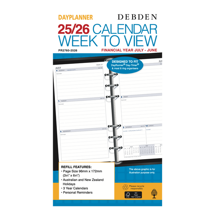 Collins - Day Planner 2025-2026 Financial Year Diary/Planner, Week to View, Personal (172x96mm) Refill