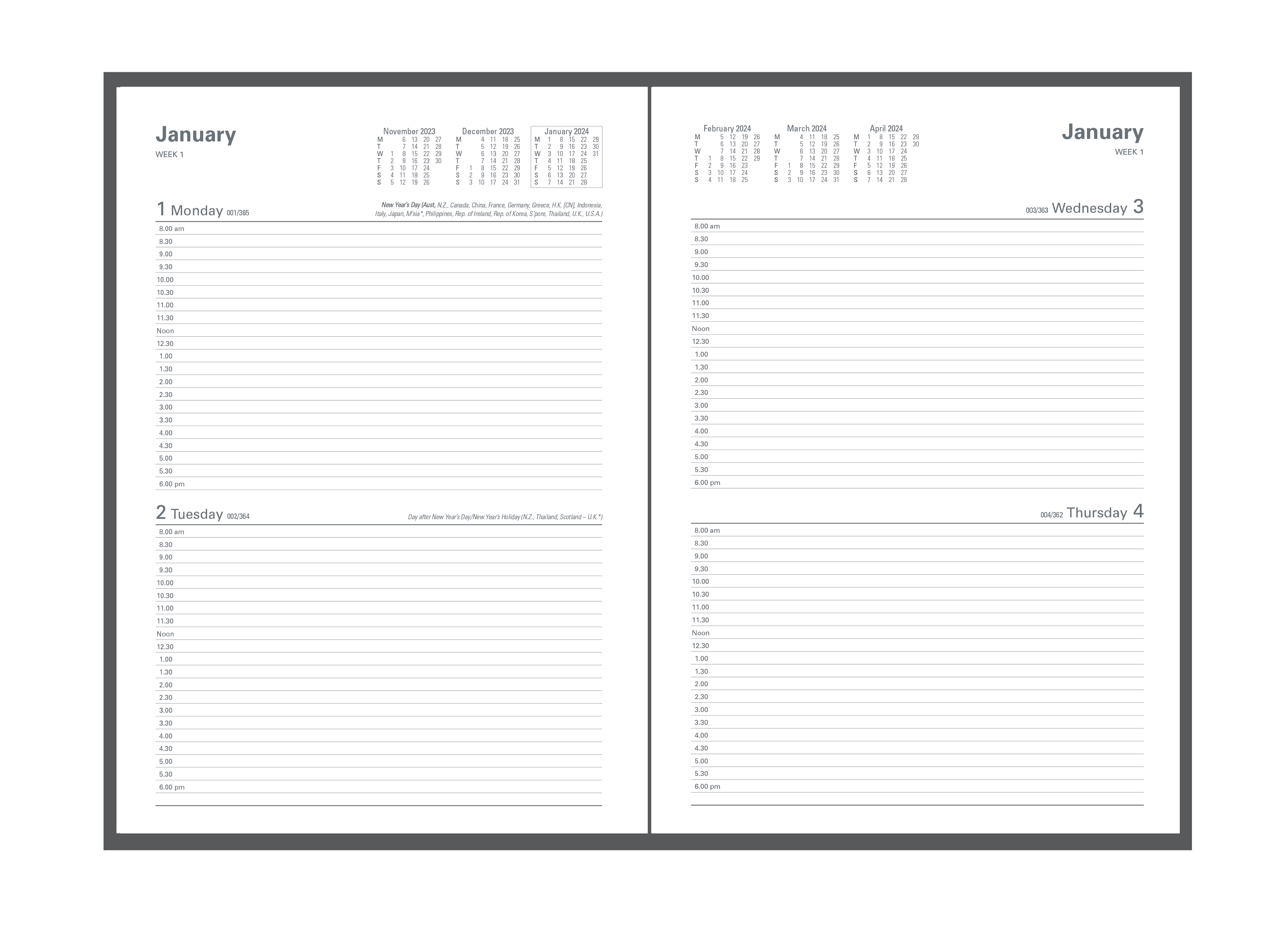 Appointment 2024 Diary - 2 Days to a Page (1/4 hourly), Size A4