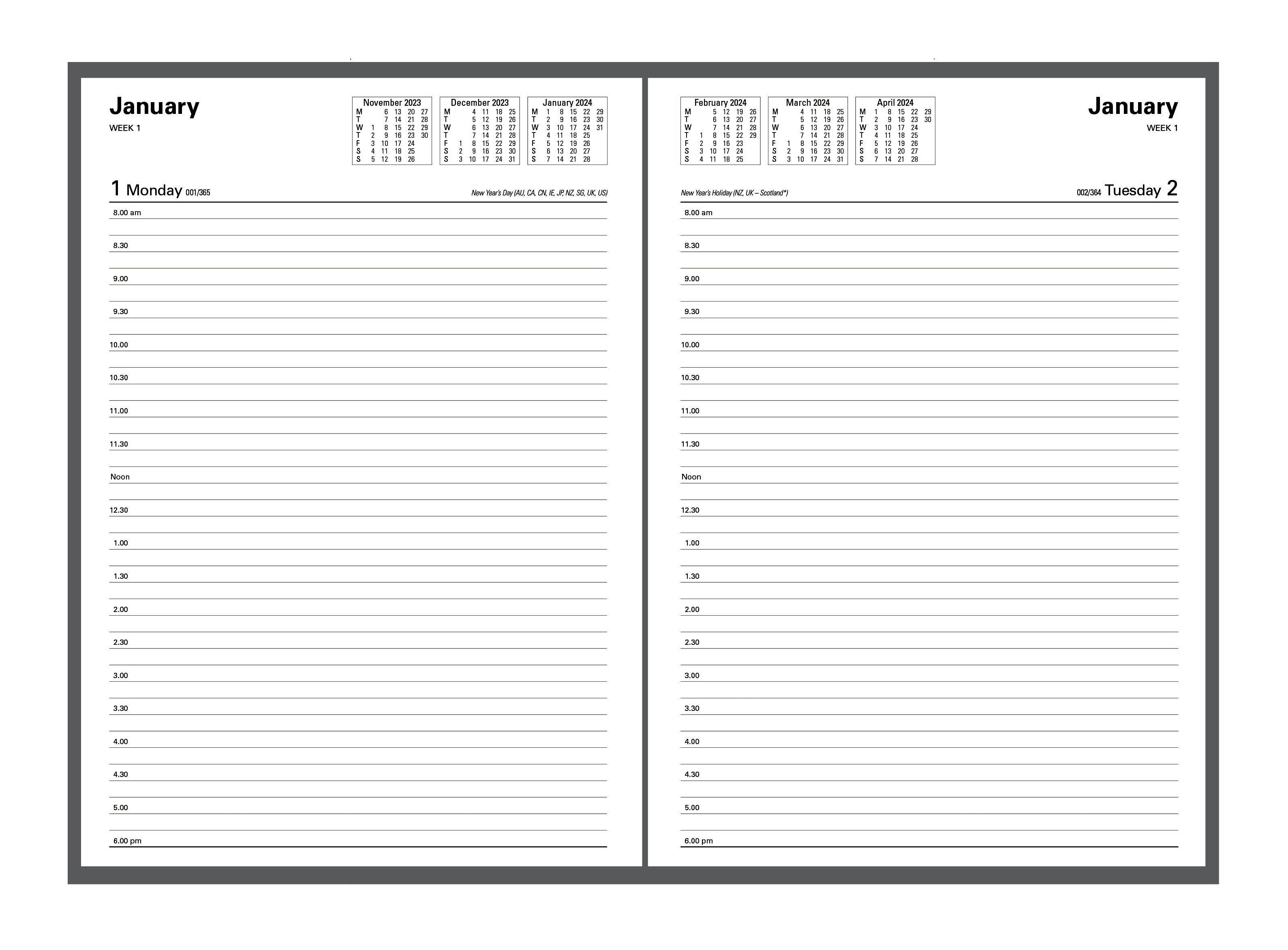 Collins Kyoto 2024 Diary - Day to a Page View
