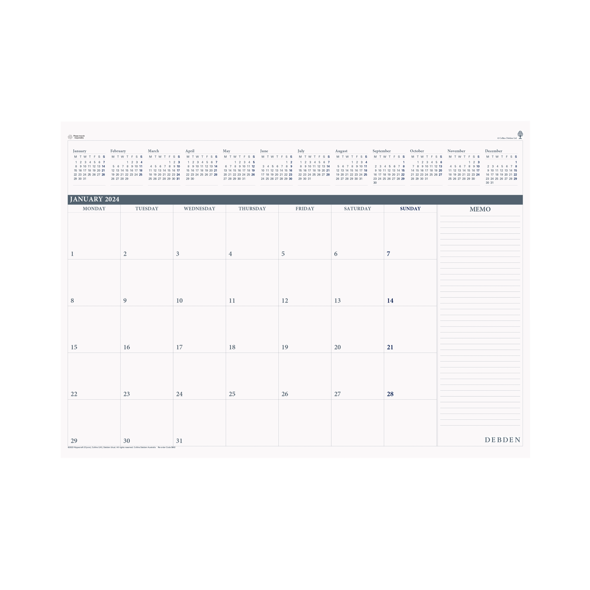 Debden Desktop Planner Refill 2024 Month to view — Collins Debden